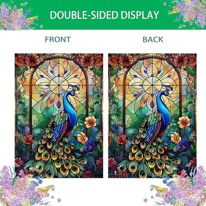 Stained Glass Peacock Garden Flag Spring Summer House Flag Double Sided 28x40 Inch, Outdoor Decorative Flag for Yard Lawn and Patio