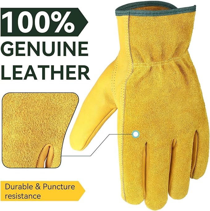 OZERO Leather Work Gloves for Men & Women, 3 Pairs Genuine Cowhide Garden Gloves, Lab Tested EN388 2143X, Flexible Grip, Breathable Unlined Comfort, Elastic Wrist (Gold, Small)