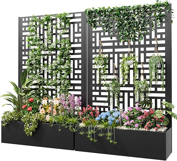 Metal Planter with Trellis, 70" x 43.3" x 16" Metal Raised Garden Bed, Planter Box with Trellis Privacy Screen, Planter Box for Climbing Plants, Flowers, Vegetables, Fruits (1)