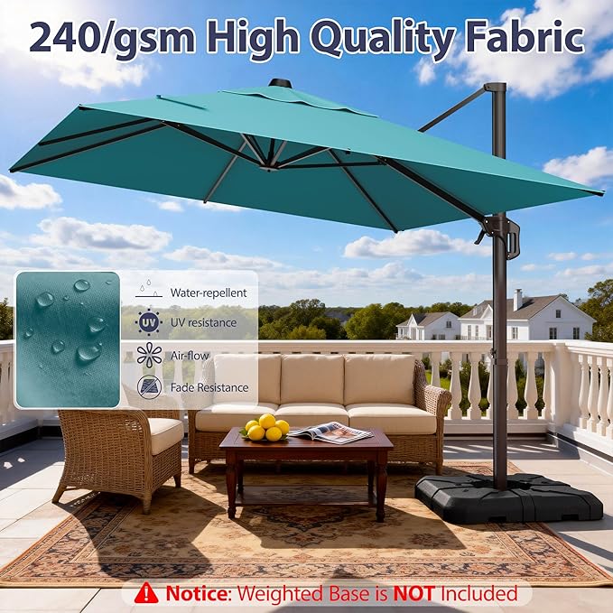 9' X 12' Cantilever Patio Umbrella Rectangle Outdoor Umbrella with Base Included, 6-Level Tilt & 360° Rotation Offset Umbrella for Garden, Deck, Pool (Turquoise)