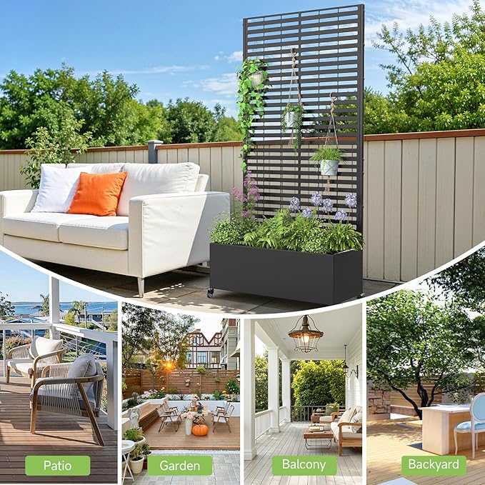 Metal Raised Garden Bed with Trellis and Wheels, 73" x 35" x 16" Planter Box with Trellis with Drainage Holes, Privacy Planters for Patio with Privacy Screen for Climbing Plants Flowers Vegetables