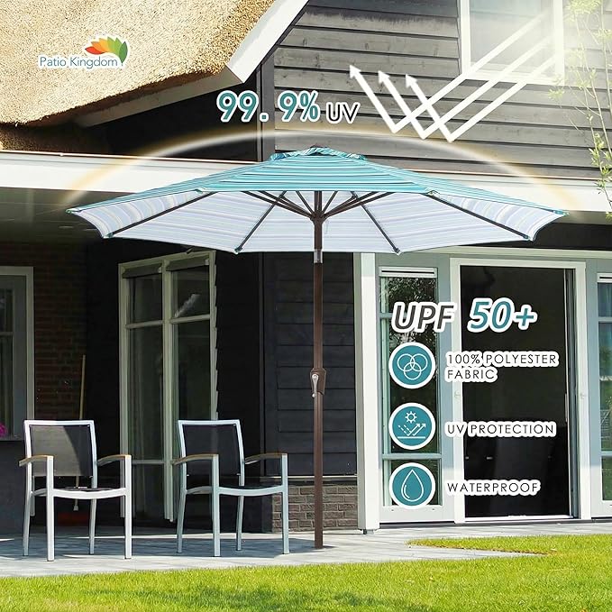PatioKingdom 9FT Patio Outdoor Umbrella-UPF 50+ Sun Shade with Wind Vent, Push-Button Tilt & Smooth Crank Lift, Rust-Resistant Fiberglass Frame for Garden, Backyard,Yard