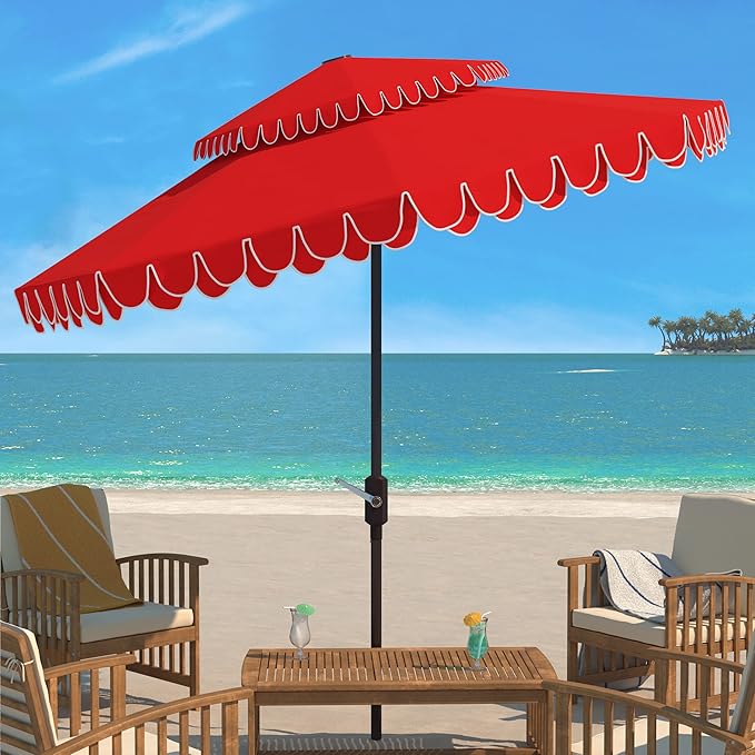 SAFAVIEH 9ft Outdoor Patio Umbrella, Double Top, Valance, Red & White Trim, Double Top, Auto Crank Tilt, UV Resistant for Deck, Backyard, Poolside (PAT8206D)