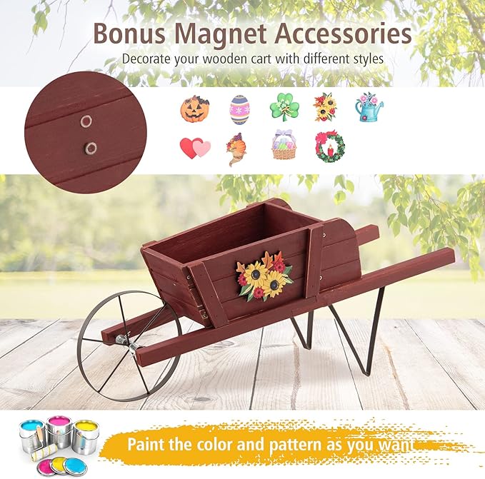 Giantex Wood Wagon Planter, Small Wheelbarrow Wagon Cart, Indoor & Outdoor Decorative Raised Bed W/ 9 Magnetic Accessories, Flower Pot Wheelbarrow Cart for Garden Backyard (Red)
