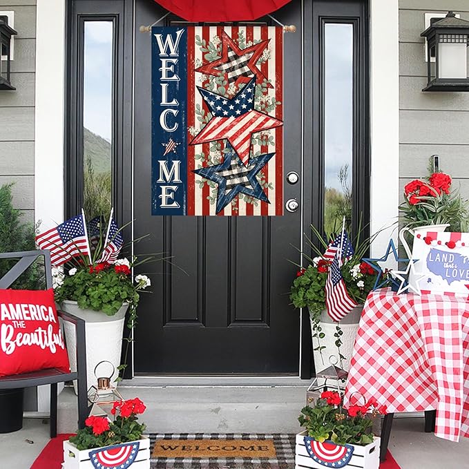 Welcome 4th of July House Flags for Outdoor, Patriotic American Stars and Stripes Large Yard Decorations, Decorative Decor for Summer 250th USA Anniversary Holiday Outside 28x40 Inch Double Sided