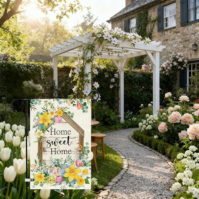 Baccessor Spring Summer Garden Flag 12.5 x 18 Inch, Home Sweet Home Eucalyptus Floral Double Sided Burlap Welcome Small Yard Flag Seasonal Holiday Lawn Proch Outdoor Outside Decor