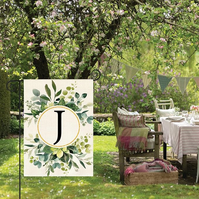 AVOIN colorlife Monogram Letter J Floral Garden Flag 12x18 Inch Double Sided Outside, Family Last Name Initial Yard Outdoor Decoration