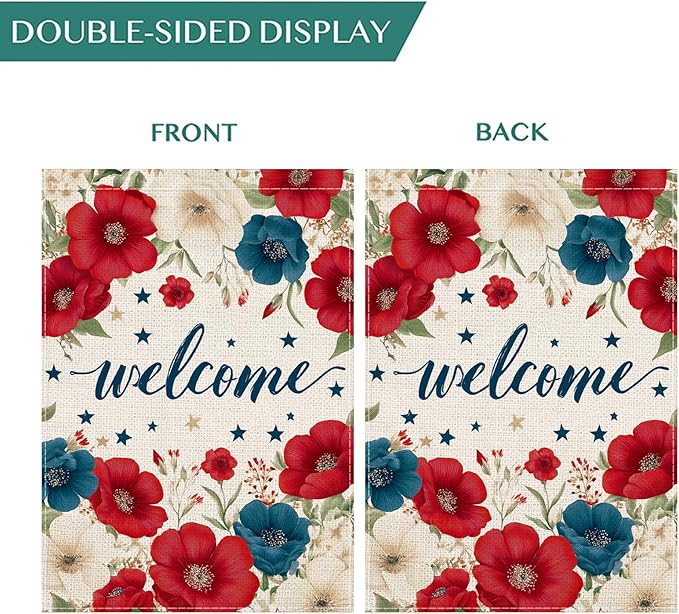 Patriotic Floral Welcome House Flag 28x40 Inch, Double Sided Burlap Red White Blue Flower Outdoor Yard Flag for Front Porch 4th of July Memorial Day Farmhouse Decor