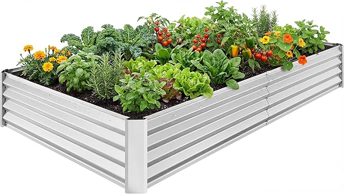 SUPERLELE 8x4x1ft Galvanized Raised Garden Bed, Thickened Metal Planter Box for Outdoor Vegetables & Flowers, Silver Large Garden Bed Kit, 96" L x 48" W x 12" H