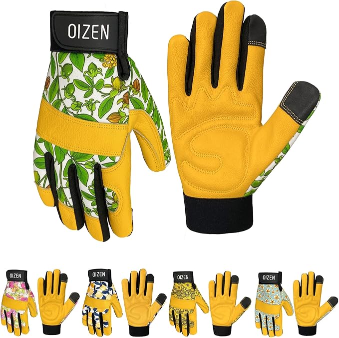 Cowhide Leather Thorn Proof & Puncture Resistant Gardening Gloves for Women, Touchscreen Compatible Working Gloves for Weeding, Digging, Planting, Gardening Gifts for Women (Green bellflowers, Medium)