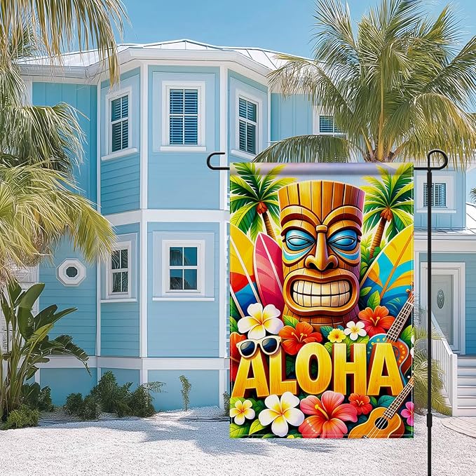 IVN Tiki Surf Aloha Beach Garden Flag 12x18 Burlap Surfboards Ukulele Sunglasses Palm Trees Double Sided Summer Outdoor Yard House Flag for Outside Home Front Door Lawn Porch Patio Welcome Summer Decor