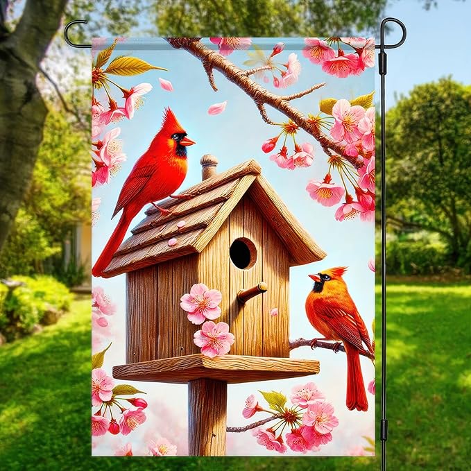 BlissYard Spring Welcome Cardinal Garden Flag 12x18 Double Sided Floral Red Bird Cardinal Yard Flags for Outside Holiday Seasonal Garden Decor Porch Lawn Outdoor Decorations Banner