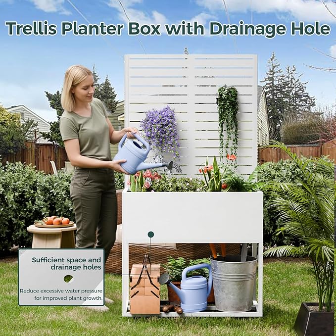 Metal Planter Box, Multi-Functional & Easy to Assemble, 67" H x 35" W Raised Garden Bed for Climbing Plants, Elevated Standing Garden Planter with Drainage Holes for Outdoor Patio, White