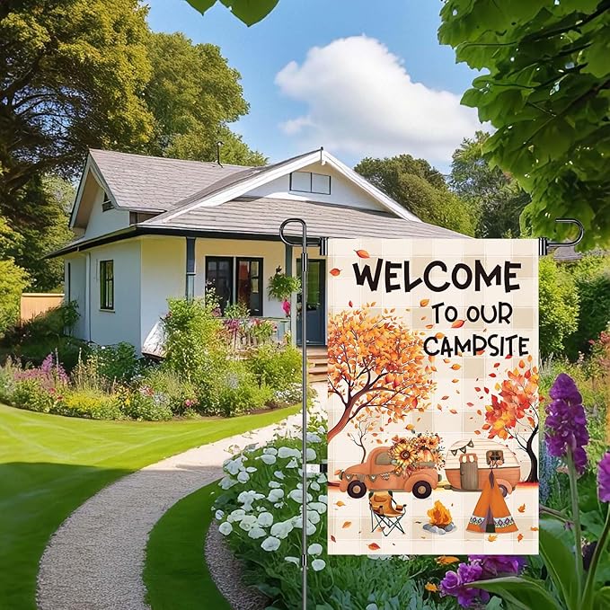 12x18inch Fall Camping Garden Flags Welcome To Our Campsite Garden Flag Double Sided Polyester Outdoor Decor Camping Flags For Campsite Home Yard Party Decoration (CP6)