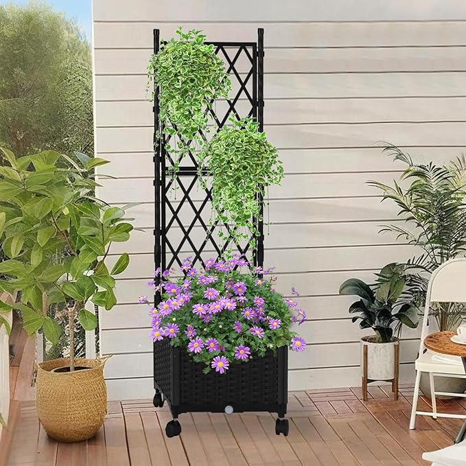 Planter with Trellis Raised Garden Beds, Trellis Planter Box Outdoor Self-Watering for Gardening, Climbing Vegetables, Flowers, Balcony Backyard Patio, Black,1PC