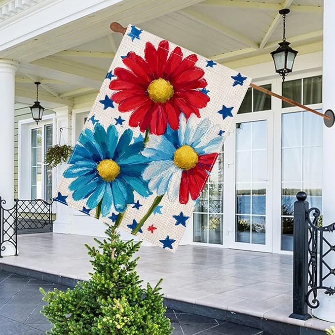 Patriotic Red White Blue Daisy House Flag 28x40 Inch, Double-Sided Floral Burlap Large Yard Flag, Rustic American Stars Flower Outdoor Flag for Porch Independence Day Decor