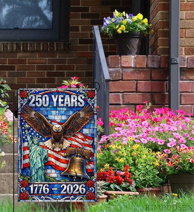 250 Years Anniversary Garden Flag for Outside, Stained Glass 250th Anniversary USA Flag Double-Sided with Eagle Design, 1776-2026 Patriotic 4th of July Decorations, 12 x 18 Inch