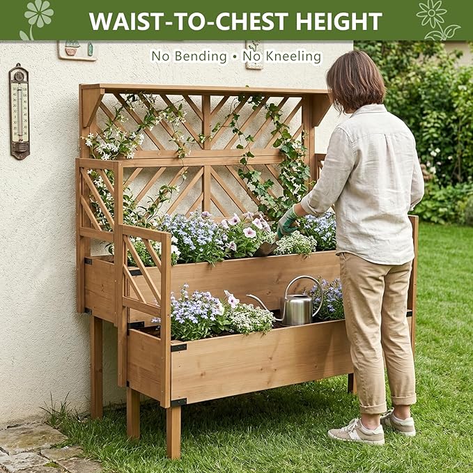 2 Tier Raised Garden Bed with Trellis & Top Shelf, Elevated Wooden Planter Box for Vegetables Flowers Herbs, Outdoor Vertical Gardening Planter for Backyard Patio Balcony