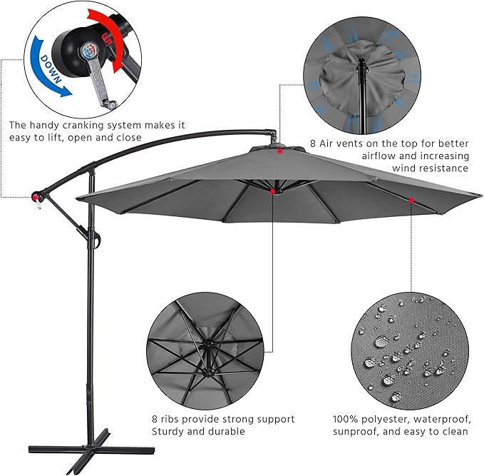 Yaheetech 10FT Patio Offset Umbrella - Cantilever Hanging Outdoor Umbrellas w/UV Protection & 8 Ribs & Handy Crank & Cross Base for Market/Garden/Lawn/Deck/Backyard/Pool - Gray