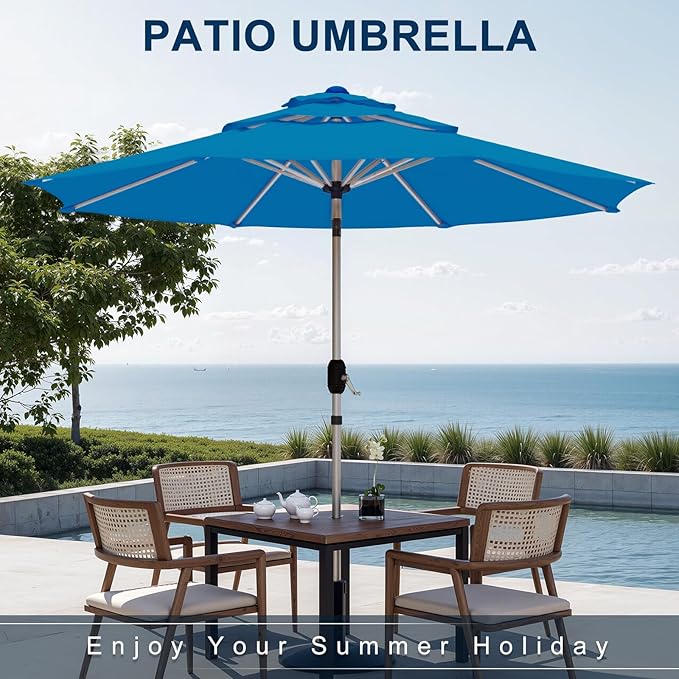 9FT 3-Tier Aluminum Outdoor Patio Umbrella, Fade-Resistant Market Umbrella with Push Button Tilt Function, 8 Sturdy All-Aluminum Ribs for Gardens, Patios, Backyards & Pools