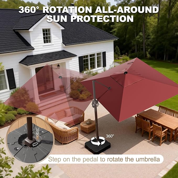 9' X 12' Cantilever Patio Umbrella Rectangle Outdoor Umbrella, 6-Level Tilt & 360° Rotation Offset Umbrella for Garden, Deck, Pool (Red)