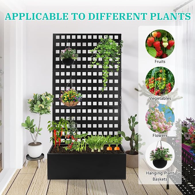 Metal Planter Box with Trellis Raised Garden Bed with Drainage Holes， Privacy Planters for Patio as a Privacy Screen for Climbing Plants Outdoor (35x18x71Inch)