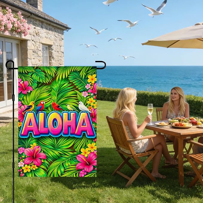 IVN Tropical Birds Aloha Garden Flag 12x18 Burlap Colorful Birds Palm Leaves Hibiscus Flowers Double Sided Summer Outdoor Yard House Flag for Outside Home Front Door Lawn Porch Patio Welcome Summer Decor
