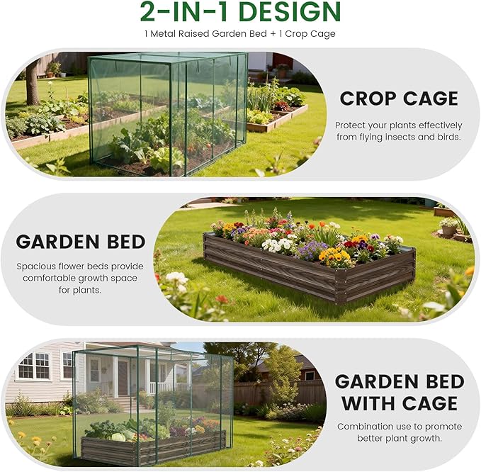 Galvanized Raised Garden Bed with Crop Cage Plant Protection Net Tent Kit for Garden Plant, 82.7"x43.3"x 59" Plants Protection Tent Cage Metal Planter Box Bottomless Planting Vegetables Outdoor
