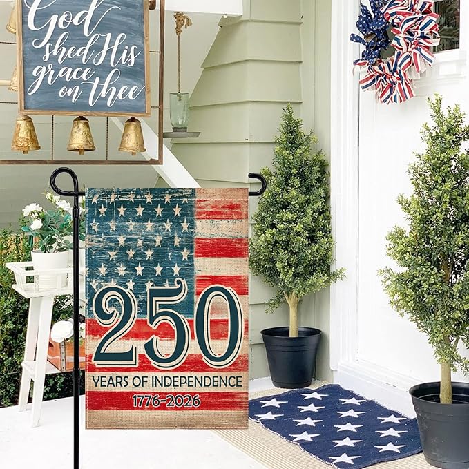 Vintage American Flag 250 Years Garden Flag 12.5x18 Inch, Double-Sided Patriotic Independence Banner 1776-2026, Burlap Outdoor Flag for Porch Yard Garden USA Decor