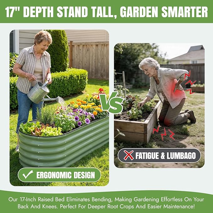 INNO STAGE Galvanized Raised Garden Bed Kits, 8x2x1.4FT Metal Raised Garden Beds Outdoor, 17'' Tall Large Steel Raised Planter Bed for Vegetables & Flowers Patio Ground Planter Box (Olive Green, 2Pcs)