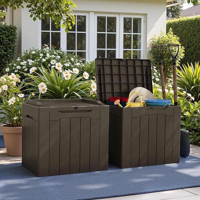 Greesum 31 Gallon Deck Box for Outside, All Weather Outdoor Storage Boxes for Patio Furniture Set, Package Delivery Box, Garden Tools, Brown(Set of 2)