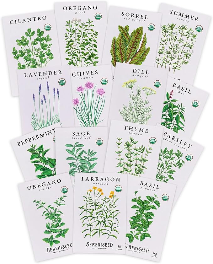 Sereniseed Certified Organic Herb Seeds (15-Pack) – Non GMO, Heirloom – Seed Starting Video