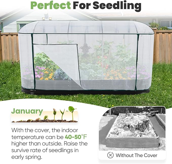 KING BIRD Raised Garden Bed with Cover Galvanized Oval Planter Garden Box Outdoor for Gardening, Vegetables, Flowers 94.5x47.2x11.8 in, White