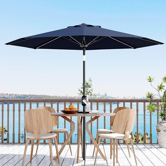 9 ft Patio Umbrella - 8 Sturdy Ribs Outdoor Table Umbrella with Crank Lift & Push Button Tilt - Market Umbrella for Pool, Deck, Yard, Garden - Navy Blue