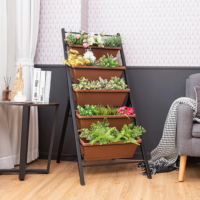 Giantex Set of 2 Vertical Planter Raised Bed, Elevated Garden Beds with Water Drainage Hole, Freestanding 5 Container Boxes for Herb Vegetables Flowers Growing, Outdoor Indoor Patio Balcony