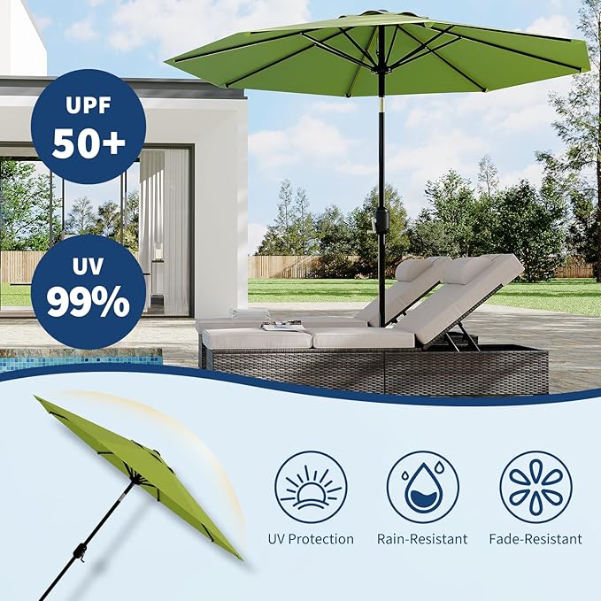GarveeLife 9FT Patio Umbrella Outdoor, Table Umbrella with Push Button Tilt and Crank, 8 Sturdy Ribs UV Protection Waterproof for Garden, Pool, Market, Deck (Grass Green)