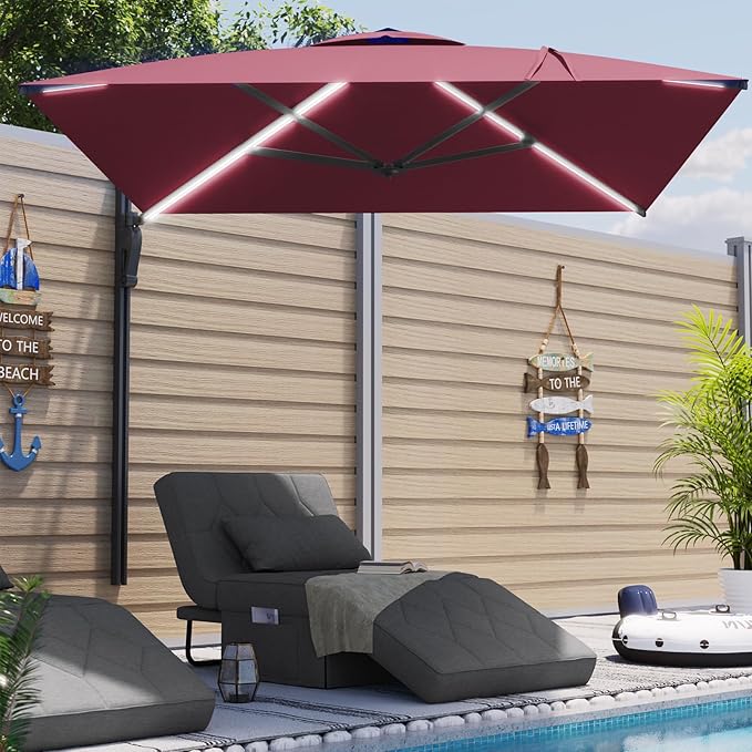 AECOJOY 10ft Solar LED Wall Mounted Outdoor Patio Umbrella, Rectangular Large Offset Cantilever Umbrellas with 180° Rotation Sun Canopy for Deck Pool Garden Backyard, Save Space, Red