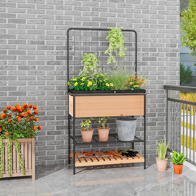 Giantex Raised Garden Bed with Trellis, Elevated Wood Metal Planter Box with 2-Tier Storage Shelves, Grid Divider, Drain Hole & Black Liner, Freestanding Garden Planter for Herb Vegetable Fruit Flower