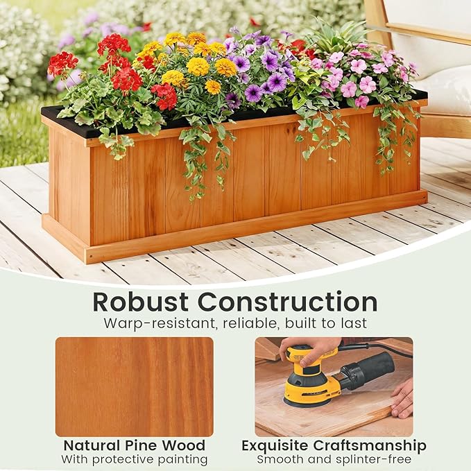 S AFSTAR Wooden Raised Garden Bed with Drainage Holes & Liner, Solid Fir Wood Planter Box for Flower Vegetable Herb, Outdoor Indoor Gardening Kit for Balcony Patio Backyard (40" x 13" x 12")