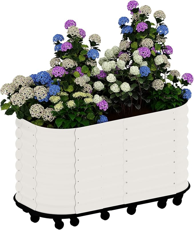GarveeLife 59" Raised Garden Bed with Water Tank & Wheels - Large Mobile Galvanized Steel Planter Box, Elevated Design for Patio, Balcony & Indoor Gardening, White