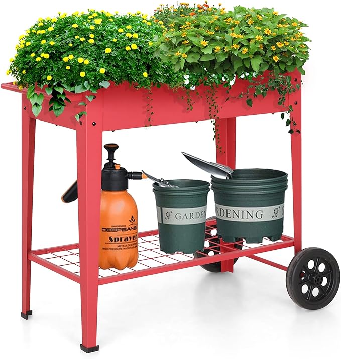 Sophia & William Planter Raised Beds with Legs and Wheels, Outdoor Metal Planter Box Elevated Garden Bed with Lower Shelf for Vegetables Flower Herb, Red