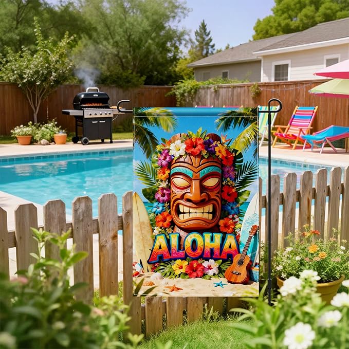 IVN Tiki Surf Aloha Garden Flag 12x18 Burlap Aloha Tiki Mask Surfboards Ukulele Sunshine Beach Ocean Palm Leaves Hibiscus Flowers Double Sided Summer Outdoor Yard House Flag for Outside Home Front Door Lawn Porch Patio Welcome Summer Decor