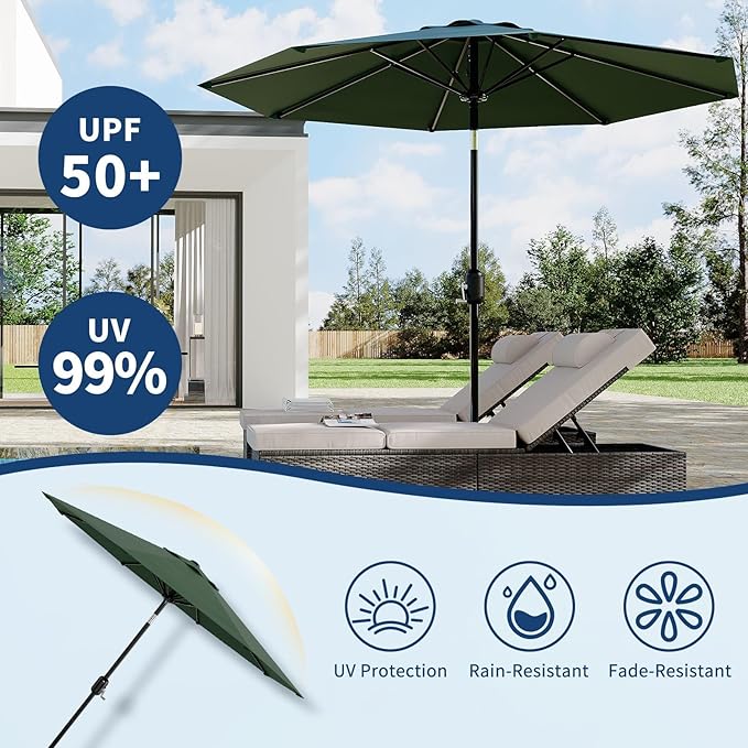 9 ft Patio Umbrella - 8 Sturdy Ribs Outdoor Table Umbrella with Crank Lift & Push Button Tilt - Market Umbrella for Pool, Deck, Yard, Garden - Dark Green