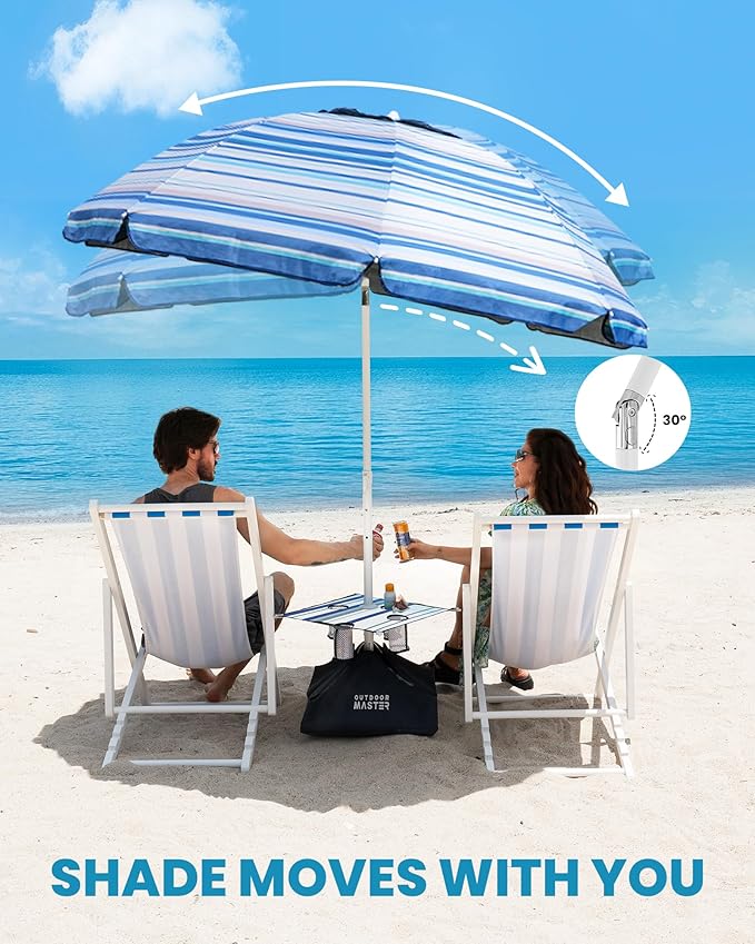 OutdoorMaster Beach Umbrellas for Sand with Sandbag & Anchor, 7.2ft Adjustable Umbrella for Beach Heavy Duty Wind, Portable UPF50+ Sunshade with Carry Bag for Patio