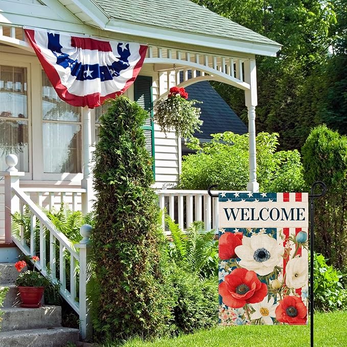 Patriotic 4th of July Floral Welcome Garden Flag 12.5x18 Inch, Double-Sided American Flag Stars Stripes with Poppy Flowers Small Yard Flag, Memorial Day Seasonal Outdoor Decoration