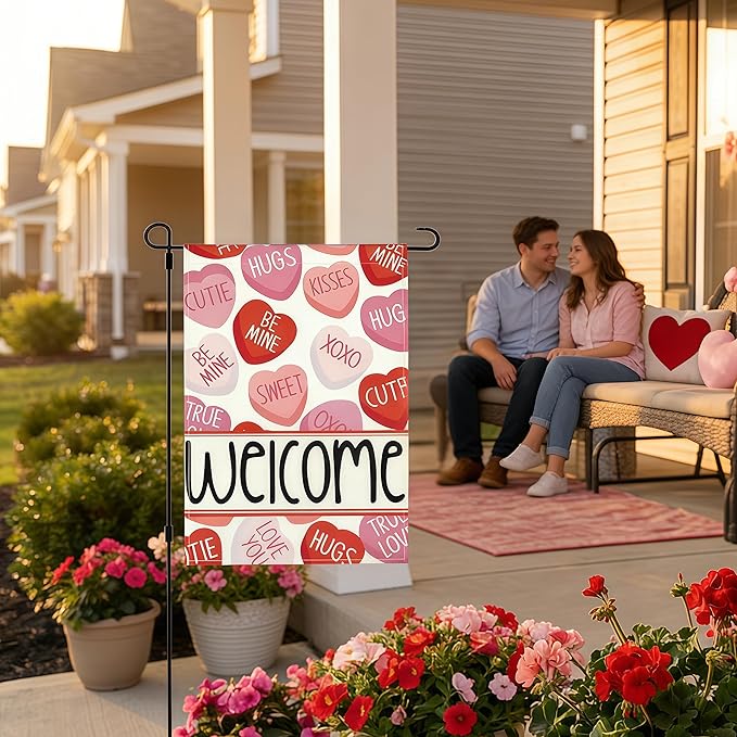 Valentines Day Garden Flag, 12x18 Inch Double Sided Pink Red Love Hearts Welcome Design Hearts Rustic Anniversary Wedding Decor Indoor Outdoor Yard Flag Decoration