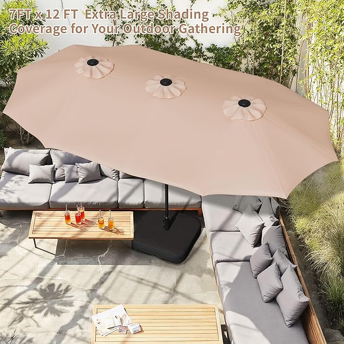 Shintenchi 13FT Large Patio Umbrella with Base, Outdoor Double-Sided Rectangular Shade with Crank Handle for Poolside Lawn Garden, Khaki