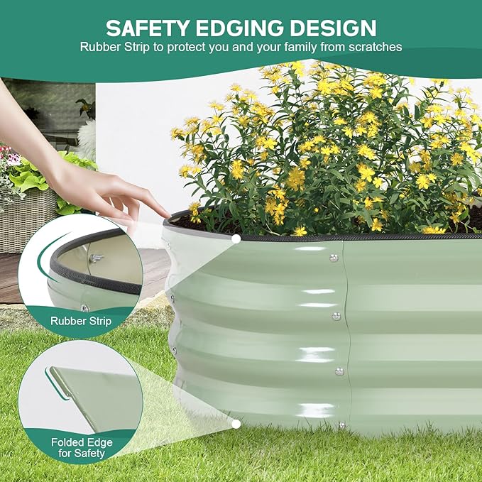Galvanized Raised Garden Bed - 4×2×1ft (2 Packs) Planter Raised Beds for Gardening | Oval Metal Garden Planter Box with Safety Edging and Gloves for Vegetables Fruits Flower - AvocadoGreen