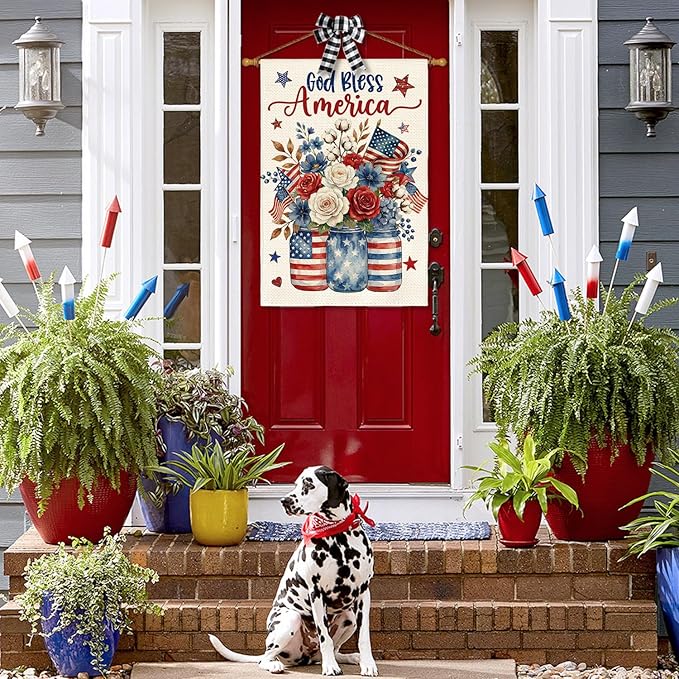 AVOIN colorlife God Bless America Mason Jar Patriotic House Flag 28x40 Inch Double Sided Outside, 4th of July Memorial Day Stars and Stripes Floral Yard Outdoor Decoration