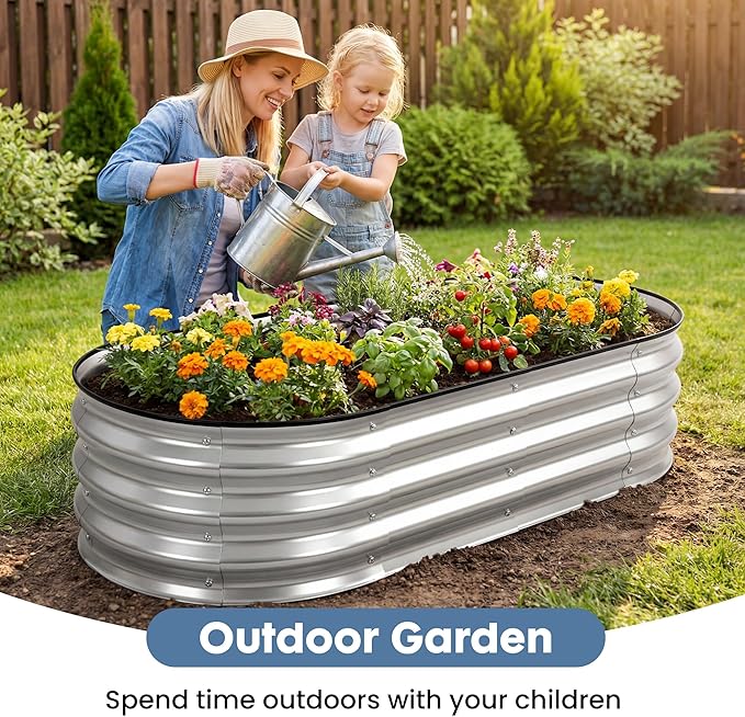 DUMOS 4x2x1ft Galvanized Raised Garden Bed, Outdoor Planter Box with Open Bottom Design, Metal Large Garden Bed for Vegetables, Herbs & Flowers, Rustproof for Backyard & Patio, Silver
